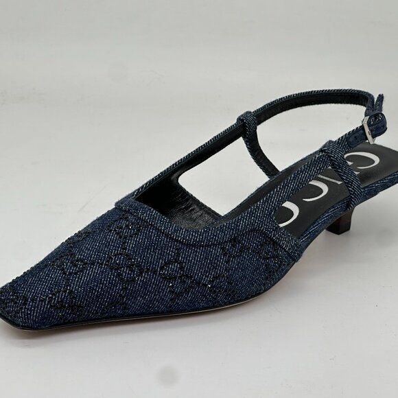 Gucci Crystal GG Monogram Demi Slingback Pumps Kitten Heels Sandals Shoes - Picture 5 of 16